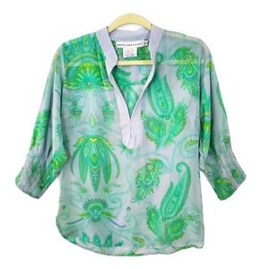 Gretchen Scott Sheer Tunic Floral Top Blouse Size XS Gray Green